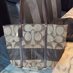 Coach Brown Signature Tote with Dark Leather Accents